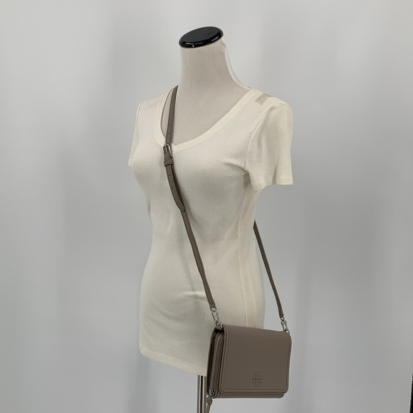 Tory Burch Thea flat crossbody wallet French gray clutch purse bag silver new - Picture 2 of 6